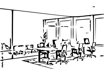 Modern office interior with open workspace and glass-walled meeting room. 3D Rendering
