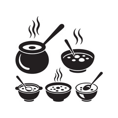 Set of cooking utensils and black and white tea cups with a coffee and tea theme, featuring icons of beverages, mugs, spoons, and breakfast elements in a cafe-style design