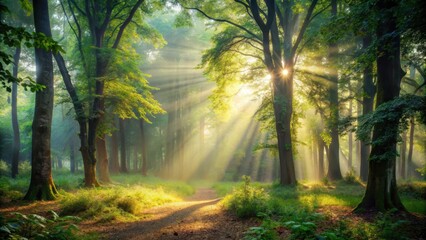 Fototapeta premium Dense foliage and towering trees stand in a misty woodland clearing, illuminated by a shaft of warm light that filters through the canopy above, natural light, serene landscape