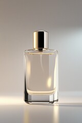 A high-quality, elegant perfume bottle with a minimalist and luxurious design, made of crystal-clear glass with soft reflections and highlights.