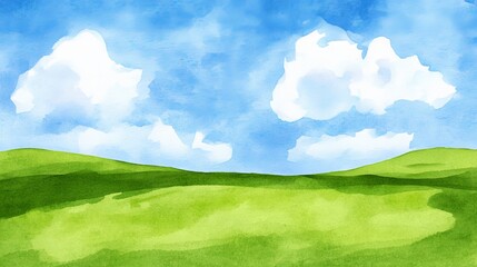 Fototapeta premium Watercolor meadow with blue skies and fluffy clouds