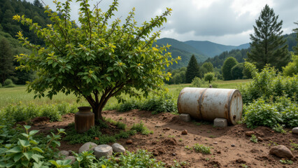 Fototapeta premium A rustic garden scene with a young fruit tree next to a large metal container, set against a backdrop of farmland and mountains under a cloudy sky.