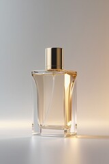 A high-quality, elegant perfume bottle with a minimalist and luxurious design, made of crystal-clear glass with soft reflections and highlights.