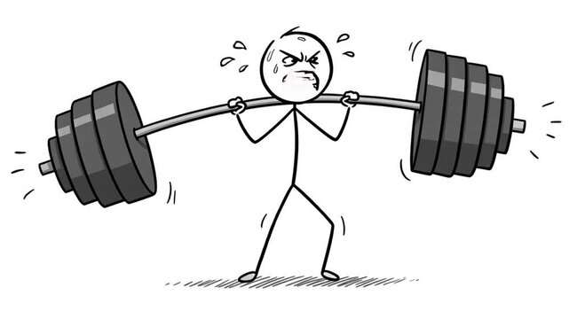 Stick Figure Struggles: Weightlifting Cartoon, Extreme Effort, Exaggerated Expression.