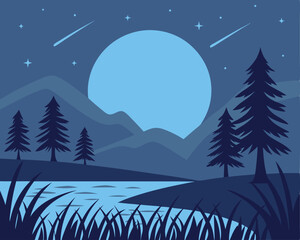 Naklejka premium Moonlit Night Landscape: Silhouettes of Trees, Mountains, Water, and Stars.