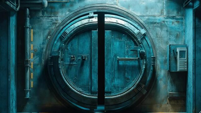 Massive Industrial Vault Door in Blue Metallic Room with Sci-Fi Atmosphere and Heavy Security Details