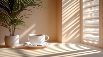 Sunlit corner with teacup, plant, and window blinds.