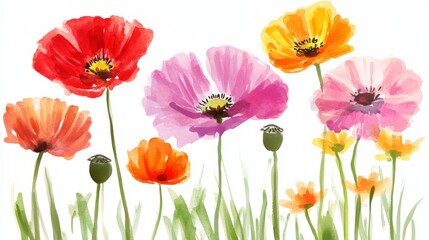 Obraz premium Watercolor poppies A vibrant meadow in delicate washes of red pink orange and yellow
