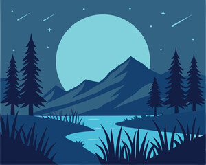 Moonlit Night Landscape: Silhouettes of Trees, Mountains, Water, and Stars.