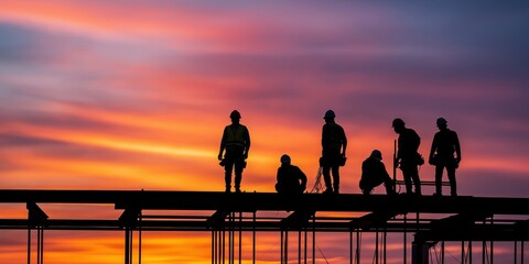 Obraz premium Silhouetted construction workers against a stunning sunset sky resonate with themes of labor, ambition, and the steady rhythm of progress, marking the transformative nature of human endeavor.