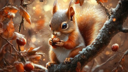 Adorable red squirrel eating a nut on a snow-covered branch in autumn.