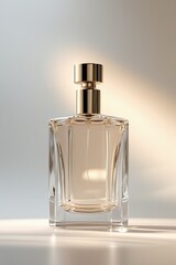 A high-quality, elegant perfume bottle with a minimalist and luxurious design, made of crystal-clear glass with soft reflections and highlights.