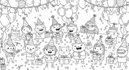Cheerful birthday party scene with cartoon animals and kids celebrating with gifts, balloons, and confetti in black and white line art