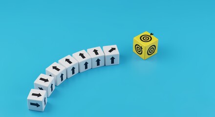 Creative Strategy Game with Arrows and Target Cube Bright Blue Background 3D Visual Engaging Concept Focused on Problem Solving and Decision Making