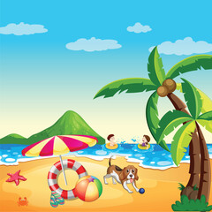 Obraz premium Vector illustration. On Summer Vacation sea, palm trees landscape with sand flat design