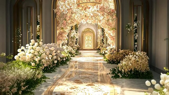 Elegant wedding aisle, adorned with blossoms, in a grand hall