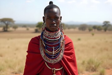 Maasai Warrior in Beaded Attire Standing in African Savanna