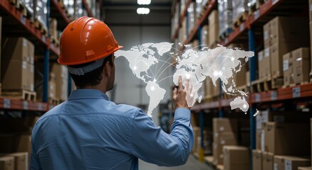 Warehouse Manager Analyzing Global Supply Chain Trends Industrial Storage Facility Digital Mapping Indoor Environment Close-up View Logistics Optimization