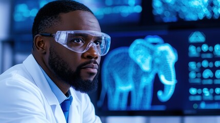 A dedicated research scientist studies intricate data visualizations of elephants, surrounded by advanced technology in a laboratory environment during daylight hours