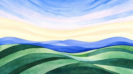 Obraz premium Watercolor vista Rolling hills beneath serene sky a peaceful landscape