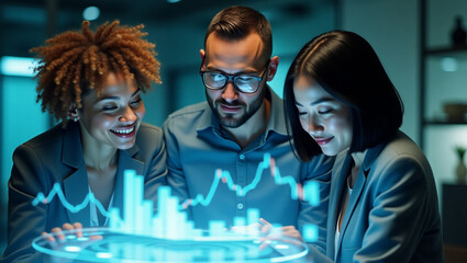 A diverse team of professionals collaborates on a glowing holographic data visualization, immersed in insightful analysis and innovative solutions under cool blue light.
