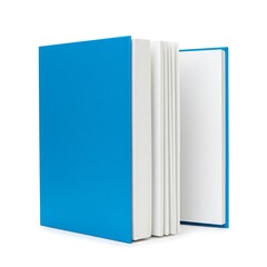 Open book with a blue cover and white pages isolated on white background