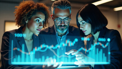 A diverse team intensely analyzes glowing data charts, collaborating on a late-night project with cool blue light illuminating their focused faces.