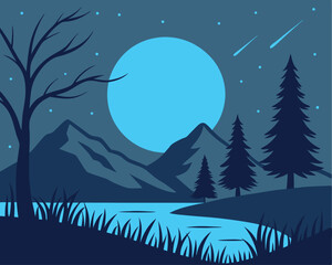 Moonlit Night Landscape: Silhouettes of Trees, Mountains, Water, and Stars.