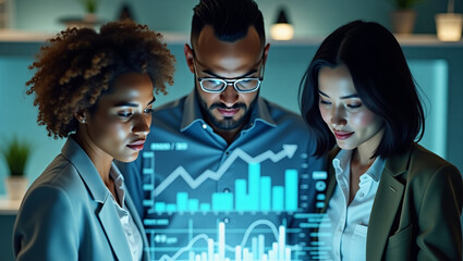 A diverse team of focused professionals analyzing glowing data charts, illuminated by cool blue light, collaborating intensely on a project.
