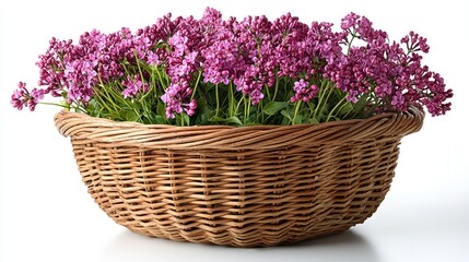 Wicker basket with pink flowers on white. Isolated