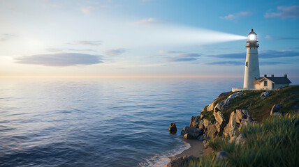 Coastal lighthouse standing sentinel on a grassy bluff its bright beam cutting through the tranquil ocean twilight.