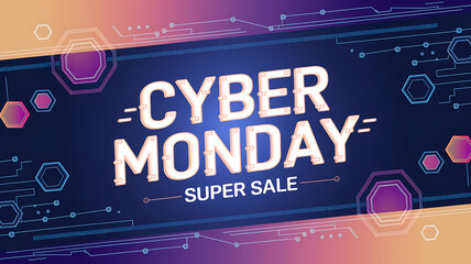 Fototapeta premium Cyber Monday Super Sale graphic with glowing white text on a geometric blue and purple background.