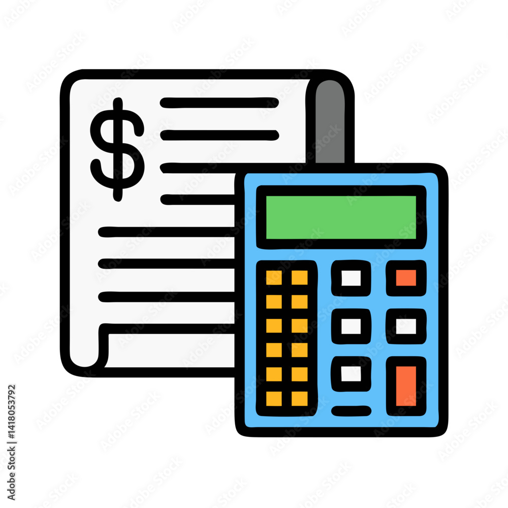 Poster calculator with bill icon representing financial management and expense calculation