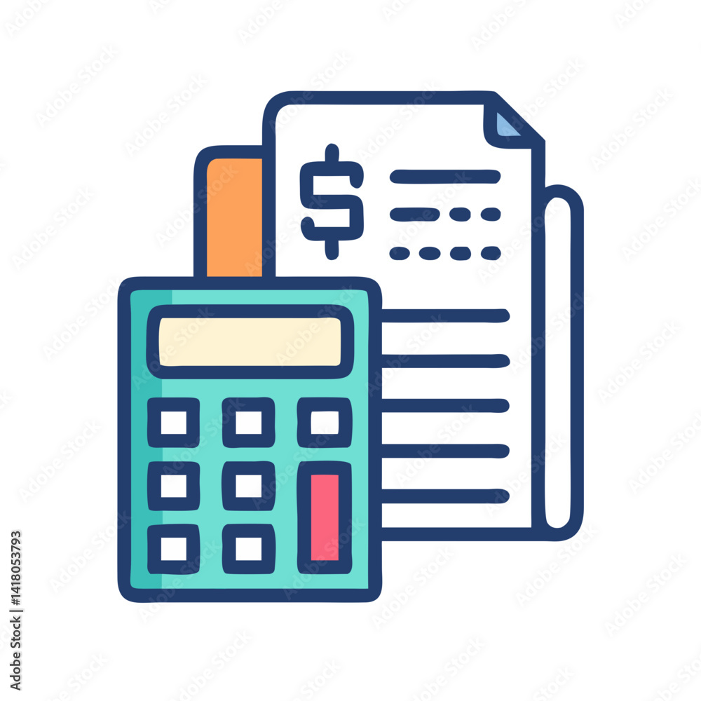 Poster calculator with bill icon representing financial management and expense calculation