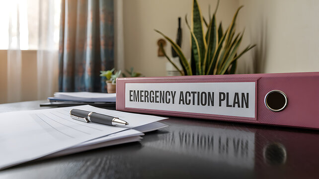 Emergency Action Plan binder on a desk with pen documents and indoor plants conveying preparedness and organization.