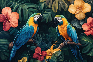 Fototapeta premium parrots perched on a tropical plant branch.