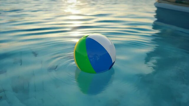 Bright beach ball floats in a shimmering pool, reflecting sunlight on rippling water creating a joyful summer scene, perfect for relaxation and vacation.