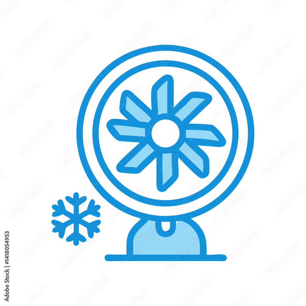 Poster Cooling Fan with Snowflake Icon Representing Cold Air Flow and Temperature Control
