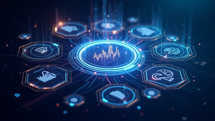 A vibrant network of interconnected financial data points pulsating with energy, showcasing global market trends in a dynamic, futuristic display with glowing hexagons and a central data hub.