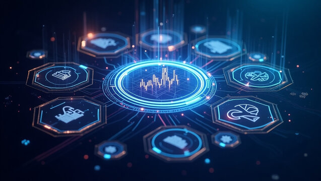 A vibrant network of interconnected financial data points pulsating with energy, showcasing global market trends in a dynamic, futuristic display with glowing hexagons and a central data hub.