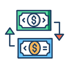 Currency Notes with Arrows Icon Representing International Currency Exchange and Financial Flow