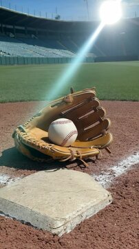 Close-up captures a baseball and glove resting atop the first base against the backdrop of a stadium with sunlit seating, symbolizing sport and recreation