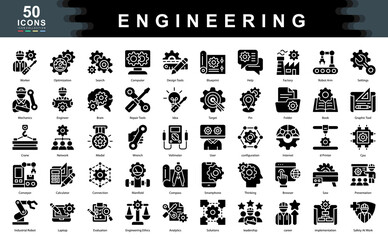 The Engineering black icon set defines key drivers of technical success such as innovation, problem solving, and precision, ideal for design processes, system development, and industrial applications.