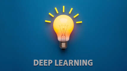 Glowing lightbulb above text DEEP DEEP LEARNING on a bright blue background symbolizing an AI concept.