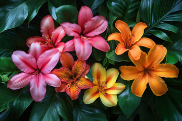 Obraz premium orange and yellow flowers with green leaves.