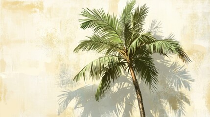 Fototapeta premium A vibrant palm tree casts a warm shadow on a textured beige wall.