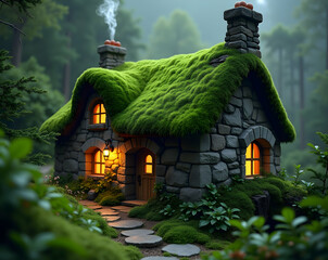 Enchanting Stone Cottage with Mossy Roof Nestled in a Mystical Forest, Glowing Windows and Path Invite Exploration, Centuries-Old Charm and Whimsical Ambience