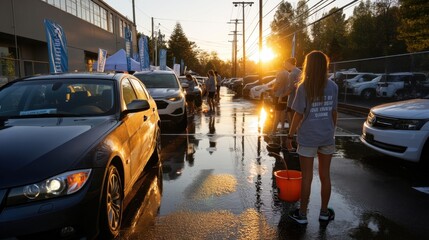Obraz premium People Cleaning Cars During Sunset at Car Wash Facility on Wet Pavement in Outdoor Lot
