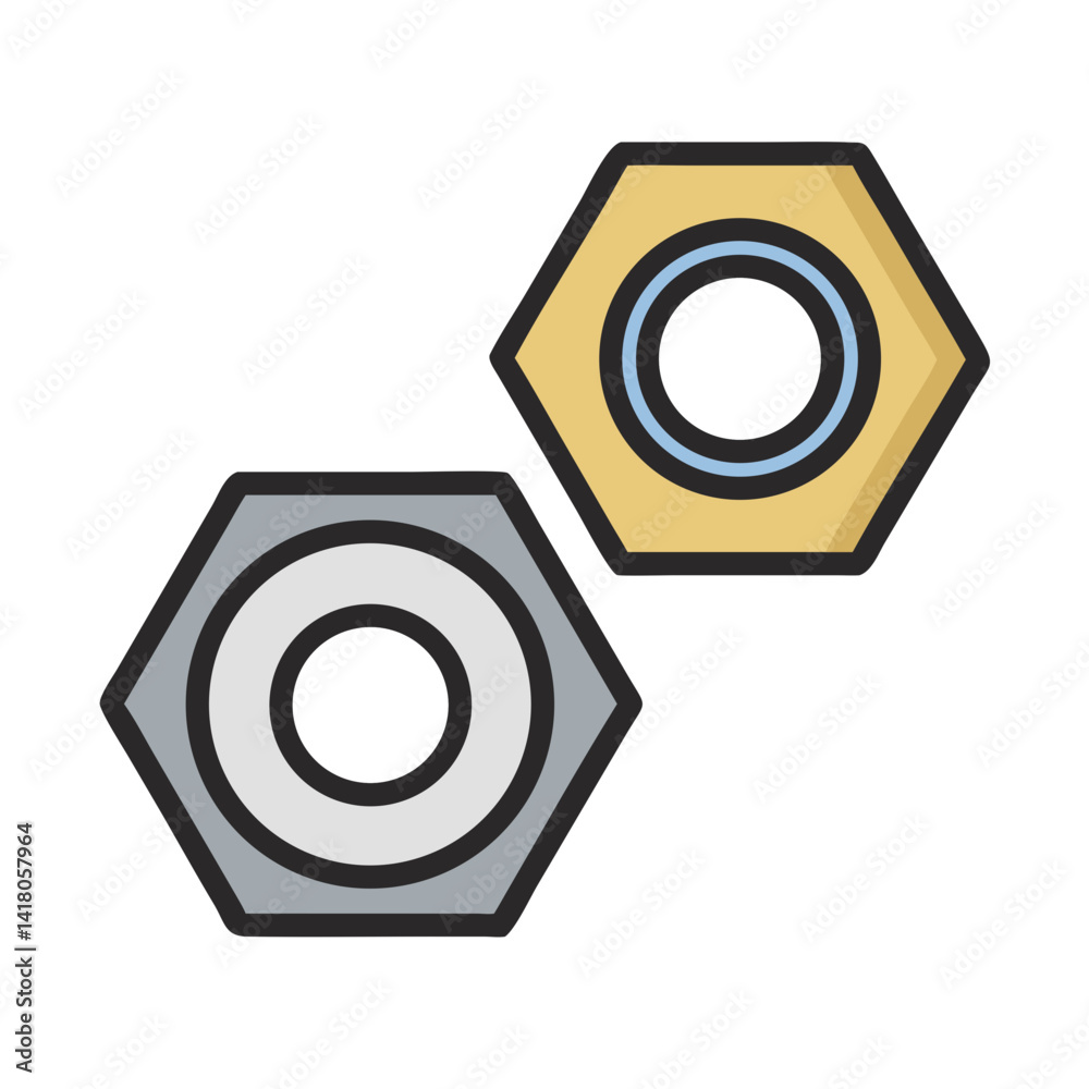 Poster hex nut icon representing mechanical fastener and industrial assembly component