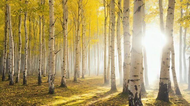 Aspen tree forest bathed in sunlight featuring golden leaves and white trunks, creating a serene and peaceful autumn landscape